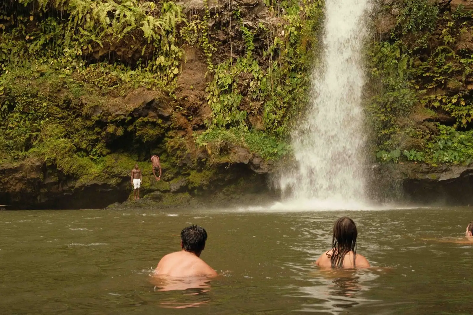 Two swimmers in a pool of water below a waterfall, with a rocky green cliff behind.