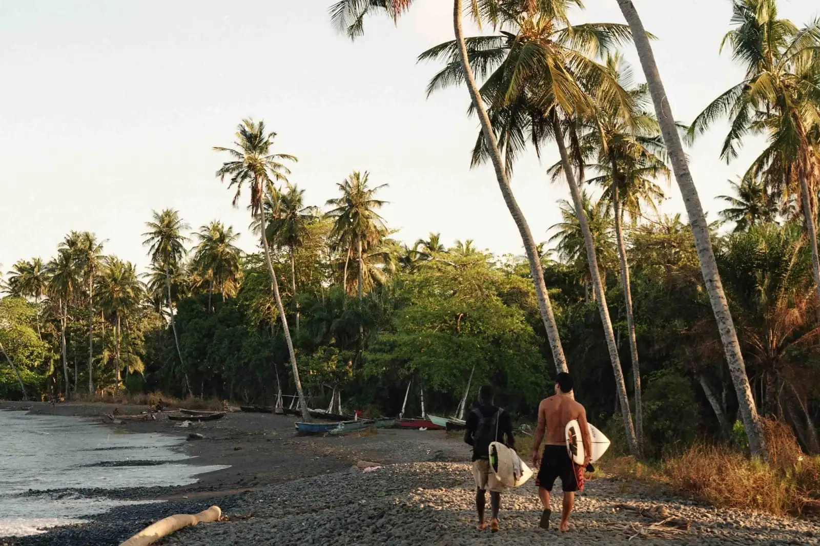 Two people carry surfboards along a dark, pebbly beach lined with tall, leaning palm trees.